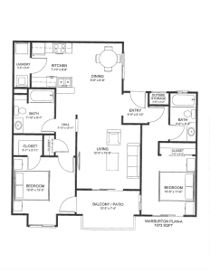 2 Bedroom 2 Bath Floorplan - 1073 Sq Ft