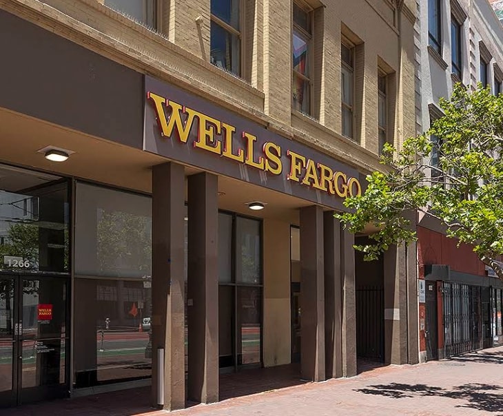 The Wells Fargo bank front entrance on Market street in San Francisco, CA.