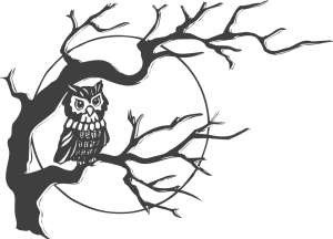 A spooky tree and owl used as halloween window decorations.