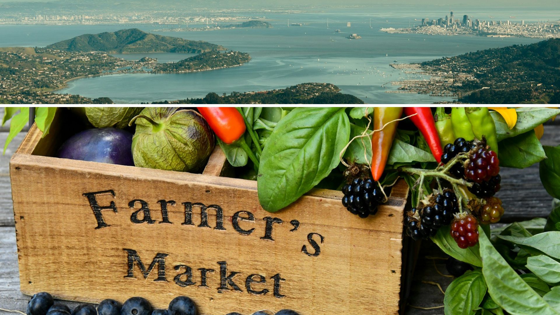 View of San Francisco Bay area with fresh produce and wooden farmers market crate featuring fresh berries, peppers, and leafy greens all located near various De Anza Properties apartment communities.
