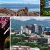 Collage of springtime scenes in and near Salt Lake City featuring Antelope Island shoreline, scenic walking trail through nature, blooming pink tree in local park, and Downtown SLC view of Temple Square framed by melting snowcapped mountains.